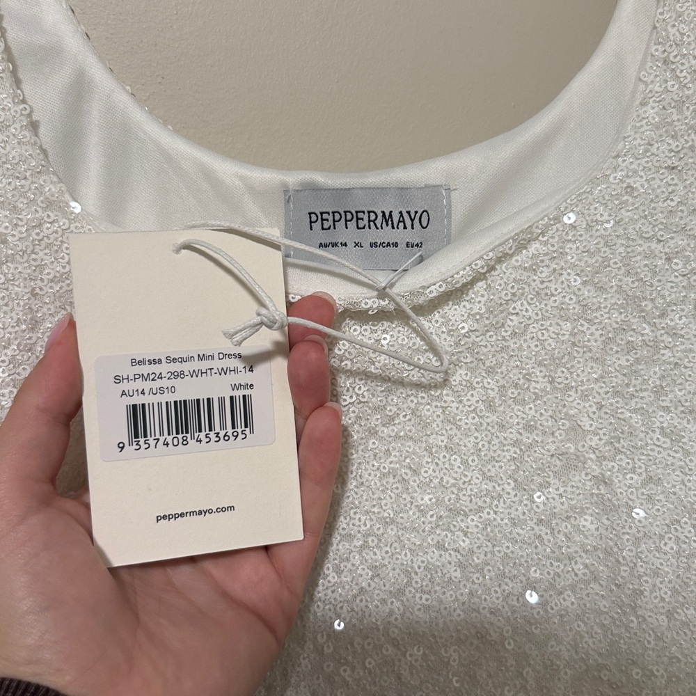 Peppermayo White Beaded Mini Dress with Feather Hem - Picture 3 of 4